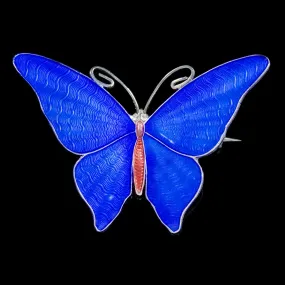 Antique Edwardian Blue Enamel Butterfly Brooch Sterling Silver Circa 1915