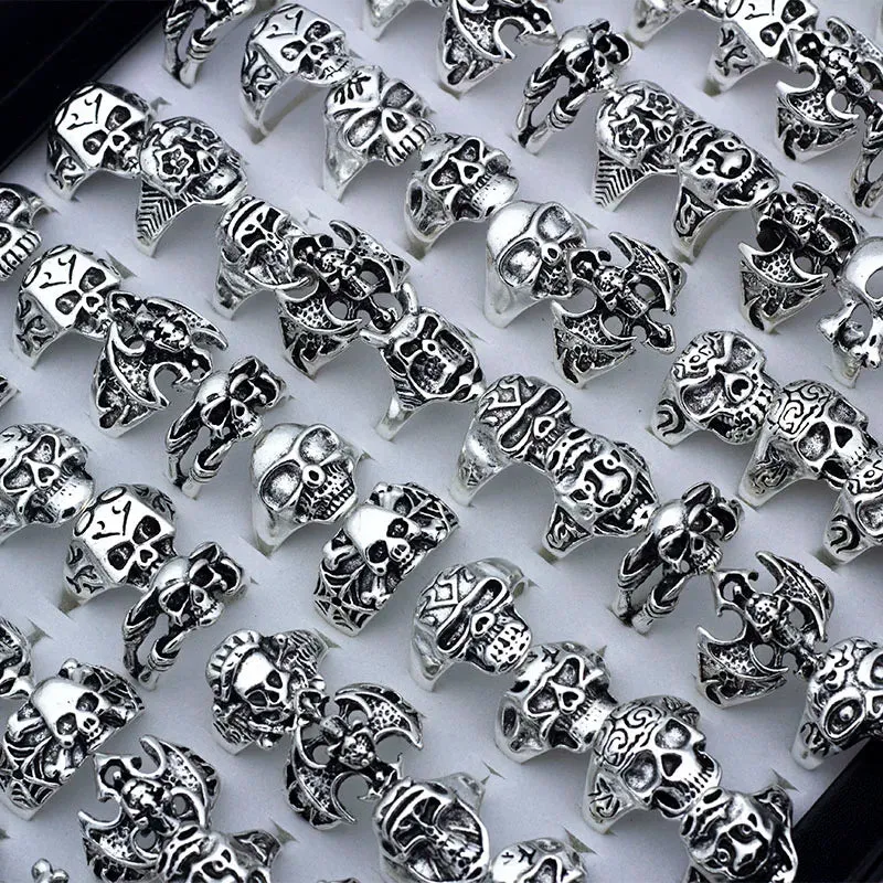 50 Pieces/Lot Skull Skeleton Gothic Alloy Rings Punk Style Rings for Men Women Wholesale Rings Jewelry