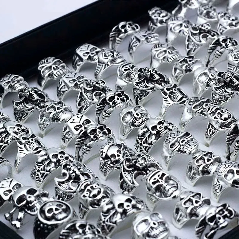 50 Pieces/Lot Skull Skeleton Gothic Alloy Rings Punk Style Rings for Men Women Wholesale Rings Jewelry