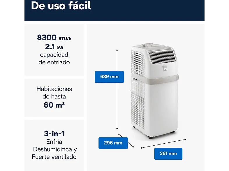 Aire acondicionado portátil - De'Longhi PAC ES72 Classic, 1806 fg/h, 3 velocidades, 100 m³, Blanco