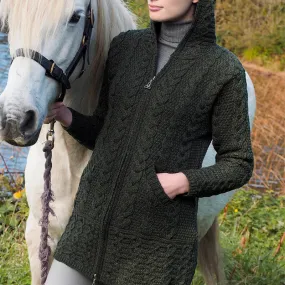 Army Green Aran Cardigan with Hood