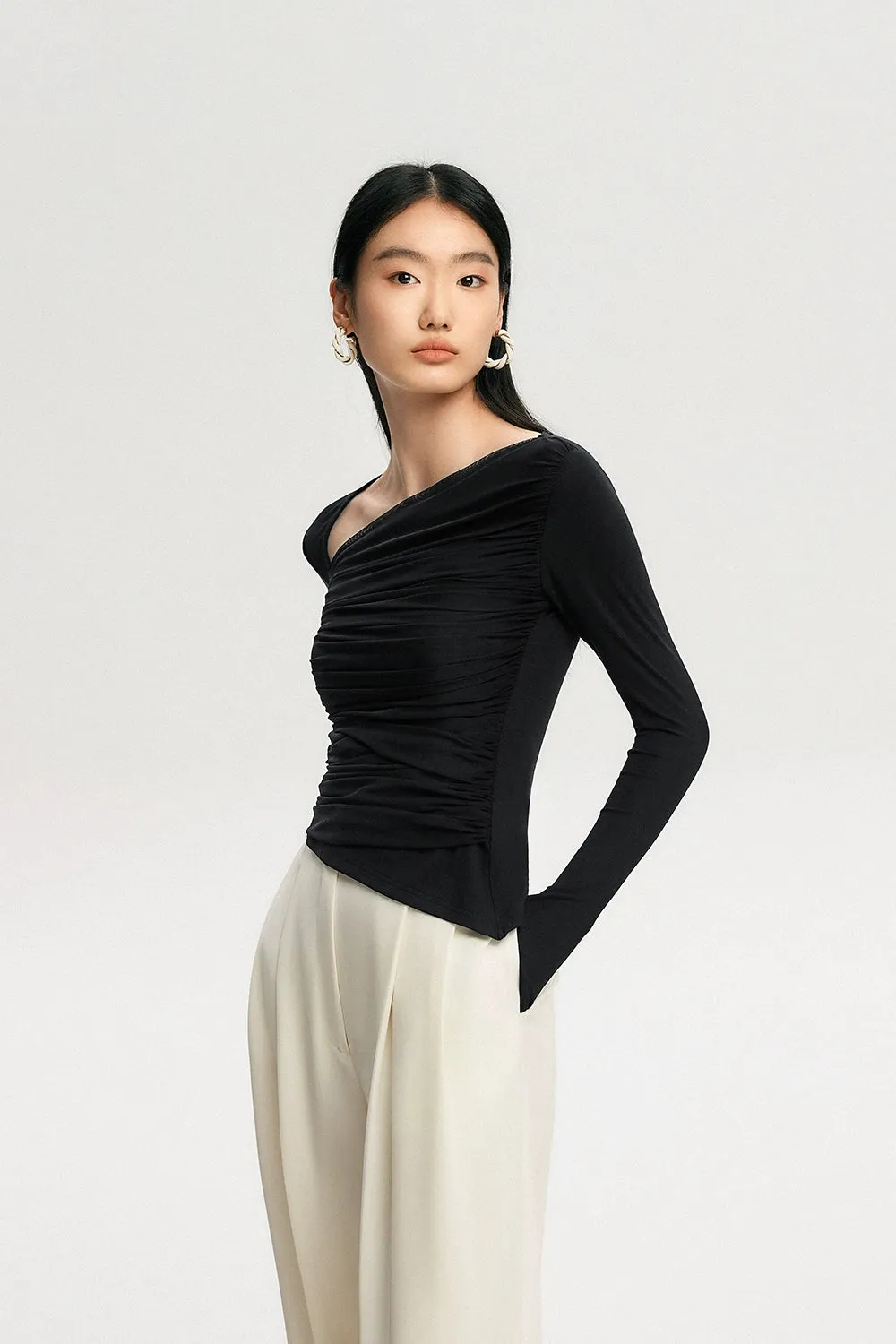 Asymmetric Ruched Long Sleeve Skinny Top