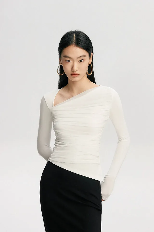 Asymmetric Ruched Long Sleeve Skinny Top