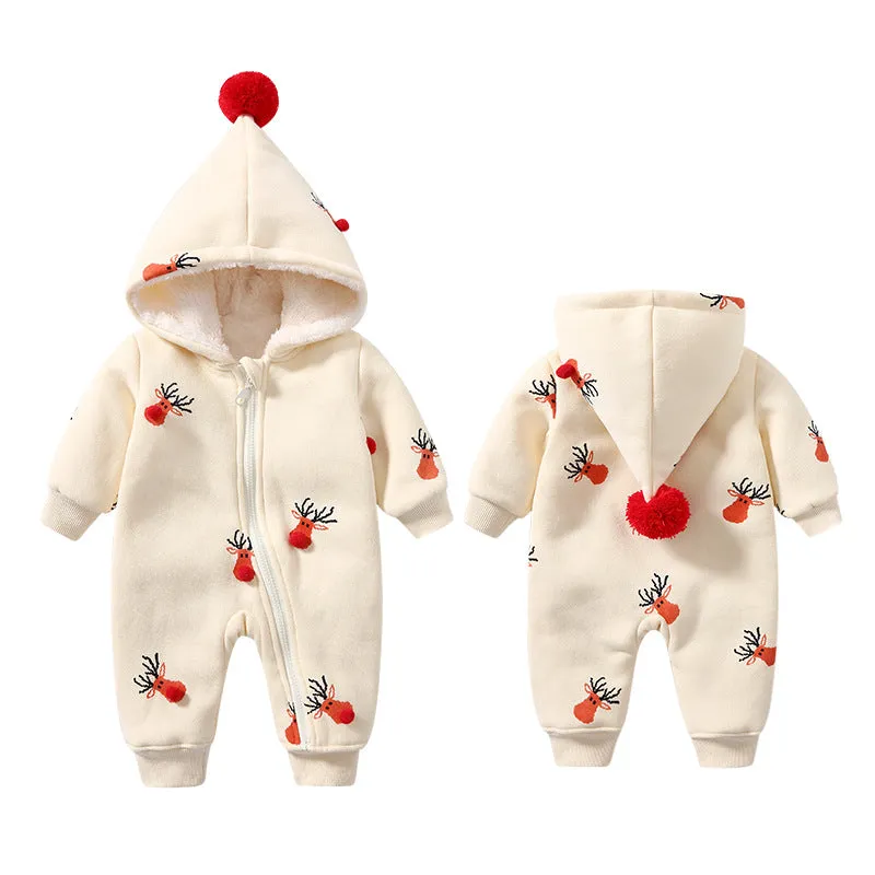 Baby Boy/Girl Christmas Style Allover Elk Pattern Long Sleeve Hooded Romper