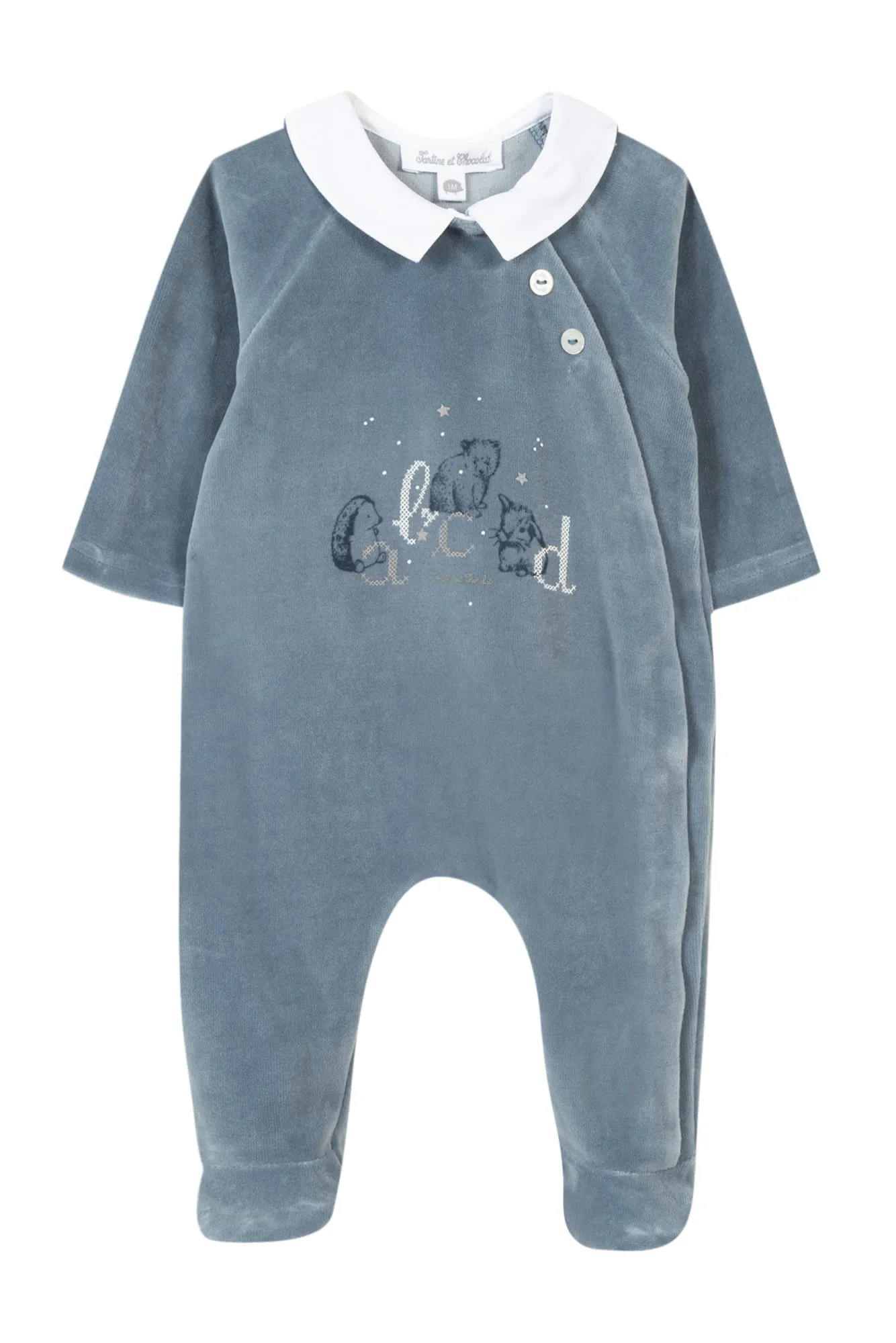 Babygrow - Blue grey velour with alphabet