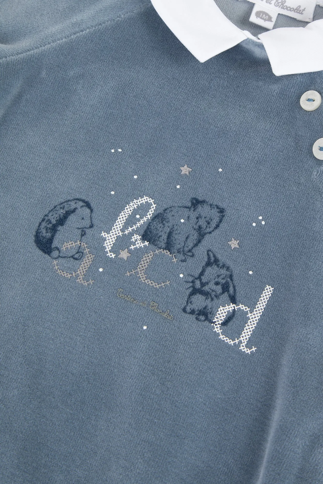 Babygrow - Blue grey velour with alphabet