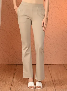 Beige Fitted Trouser Pants With Straight Hem