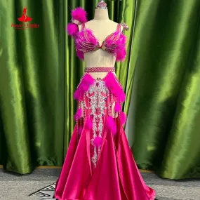 Bellydance Set Customized Feather AB Stones Bra senior Satin Tassel Long Skirt  Adult Children Oriental Dance Performance Suit