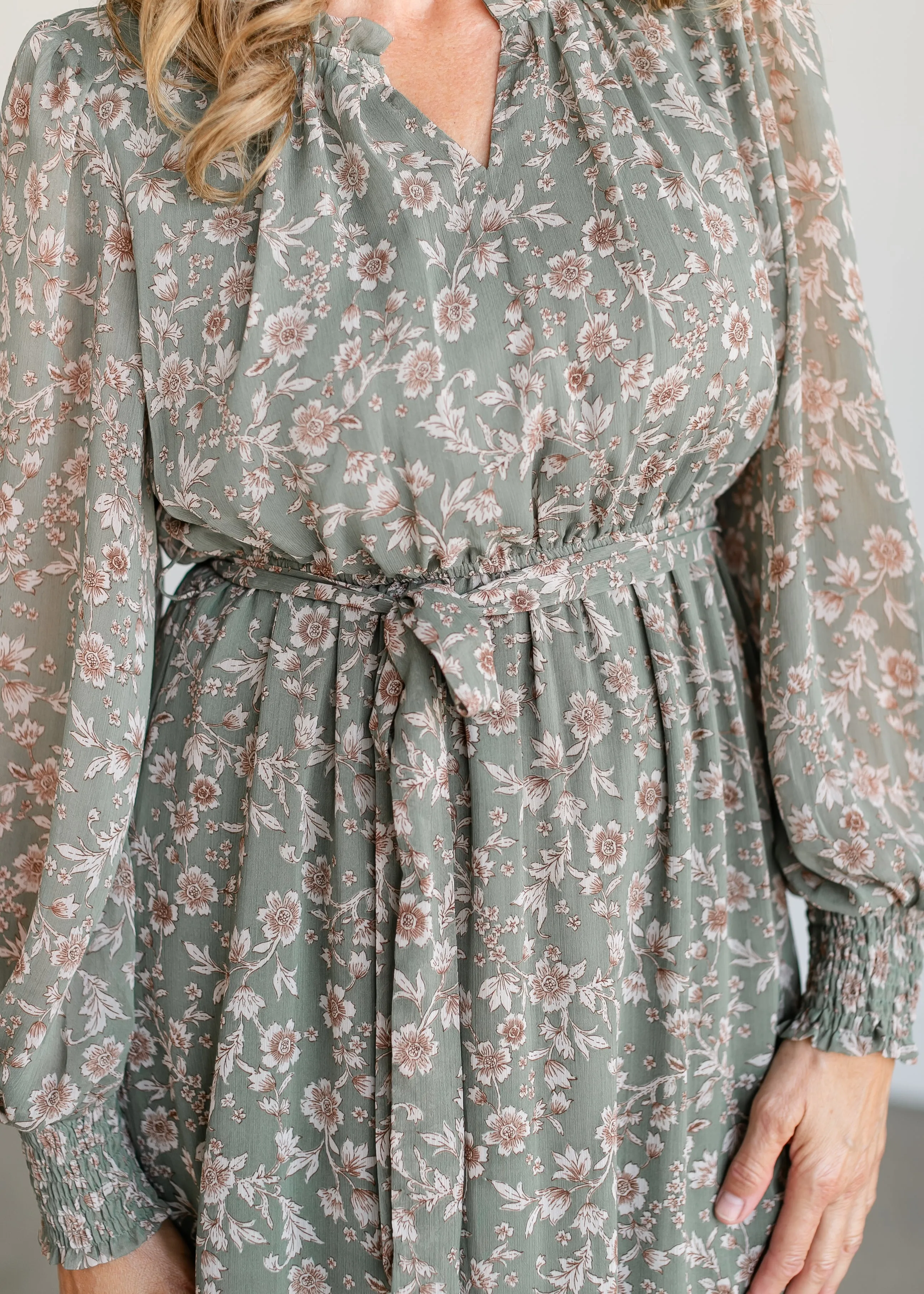 Belted Floral Long Sleeve Midi Dress - FINAL SALE