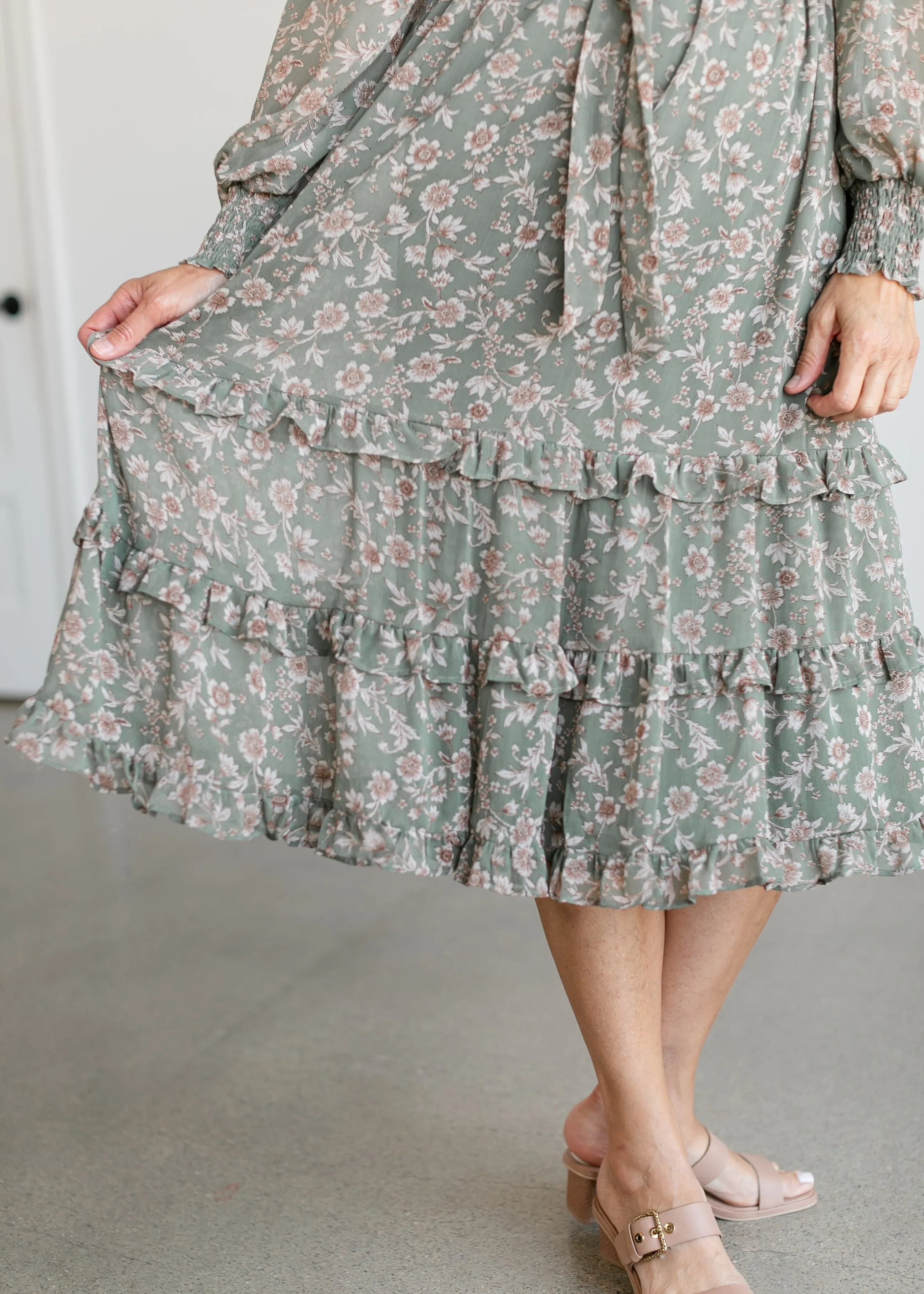 Belted Floral Long Sleeve Midi Dress - FINAL SALE