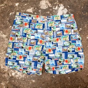 Blue Printed Stamp Swim Shorts