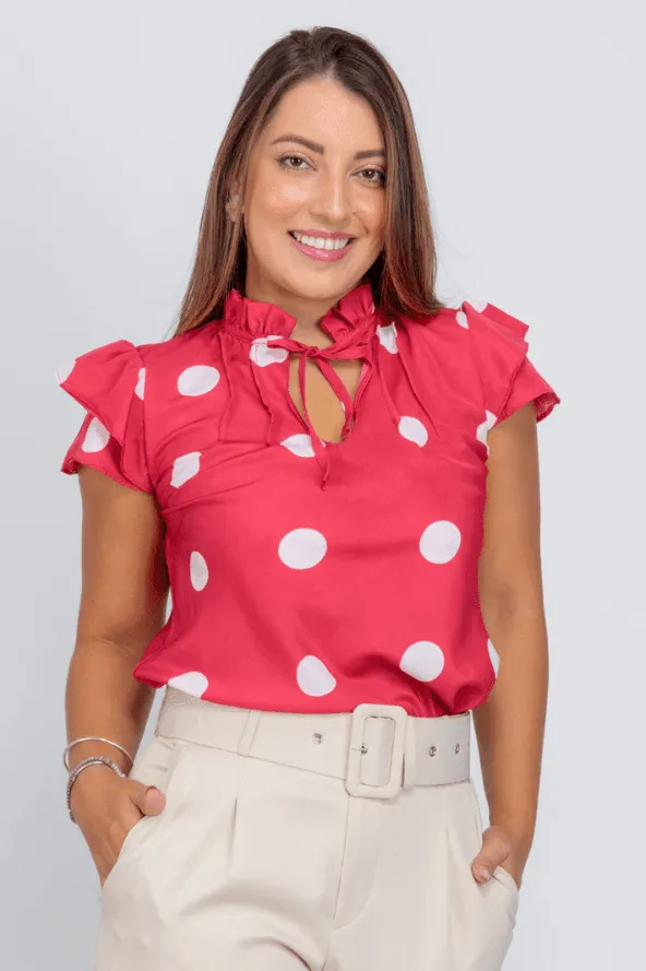 Blusa Manga Curta Detalhe Laço Karina Estampada Vermelha Com Poá Branco