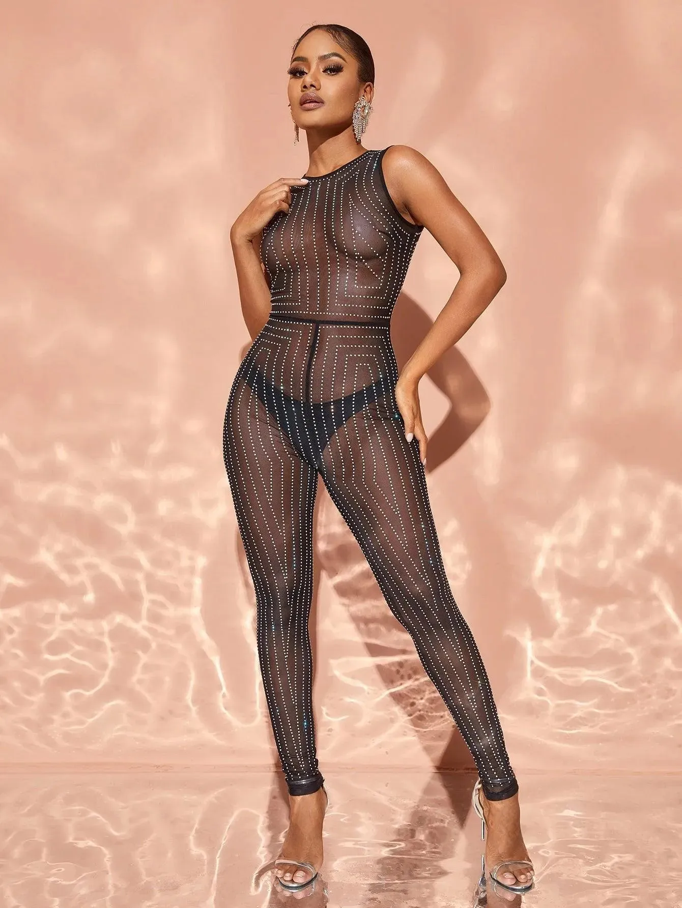 Chic Rhinestone Detail Sleeveless Sheer Mesh Jumpsuit