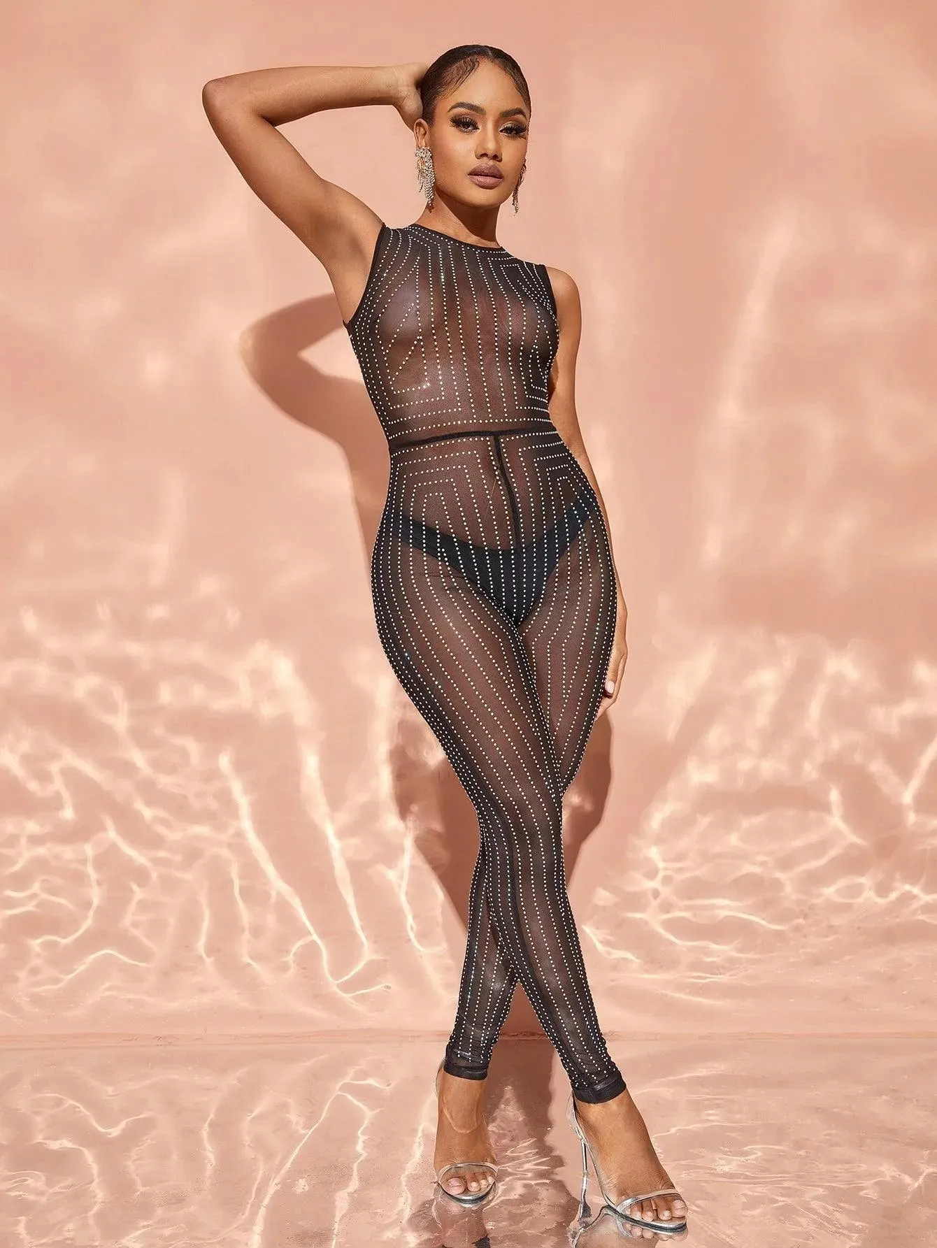 Chic Rhinestone Detail Sleeveless Sheer Mesh Jumpsuit