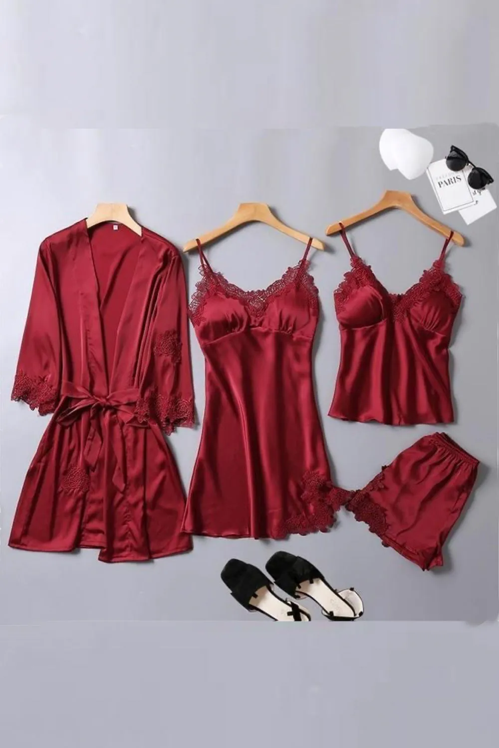 Classic Maroon Babydoll, Robe, slip & Shorts