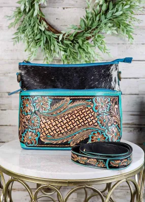 Cowhide & Floral Tooled Crossbody Handbag