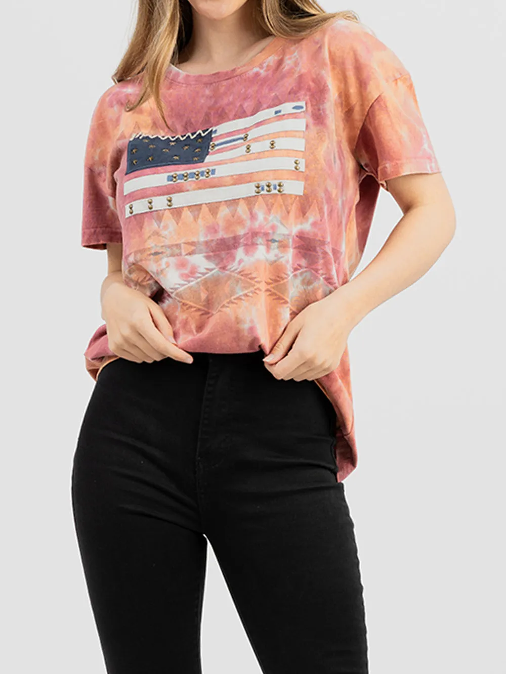 Delila Women's Tie-Dye Hand Stitched Studded Flag Tee