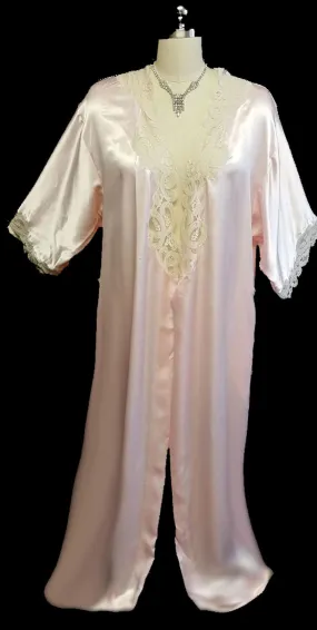 *FANCY VINTAGE EVE STILLMAN LACE & SATINY DRESSING GOWN PEIGNOIR IN PORCELAIN PINK