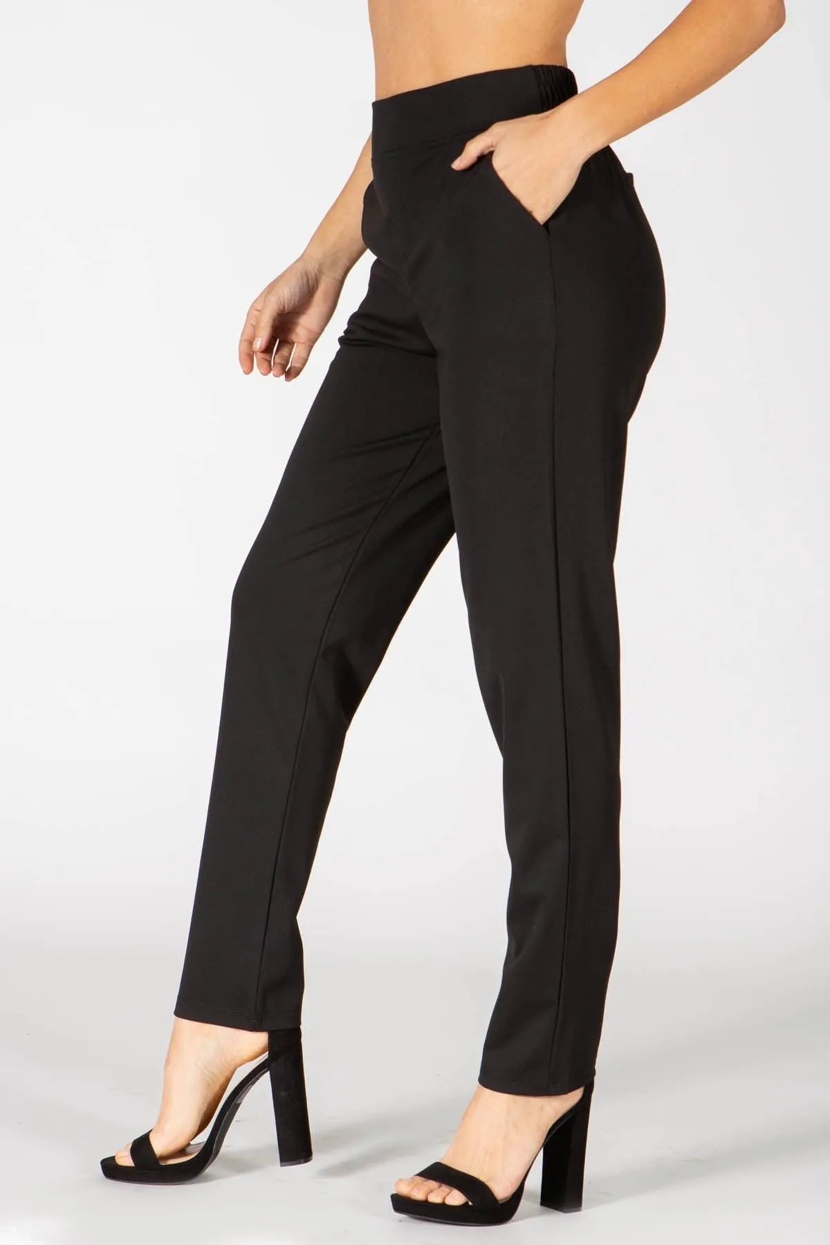 High Waist Lightweight Ponte Pull On Pants With Pockets - Black