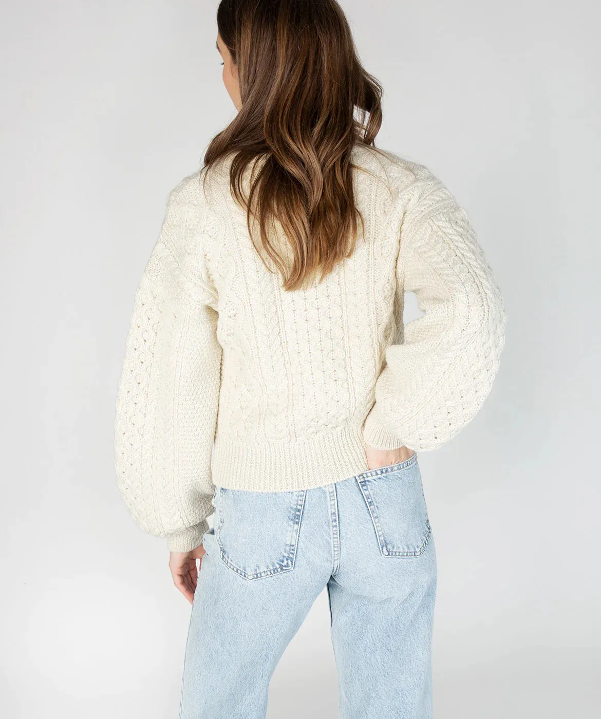 Irelands Eye Clover Cropped Aran Cardigan Cream