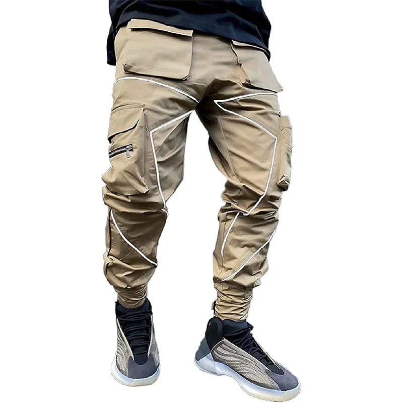 Khaki Fashion Mens Cargo Pants Hip Hop Elasticated Waist Drawstring Street Jogger Sweatpants with Pockets Jogging Punk | W302