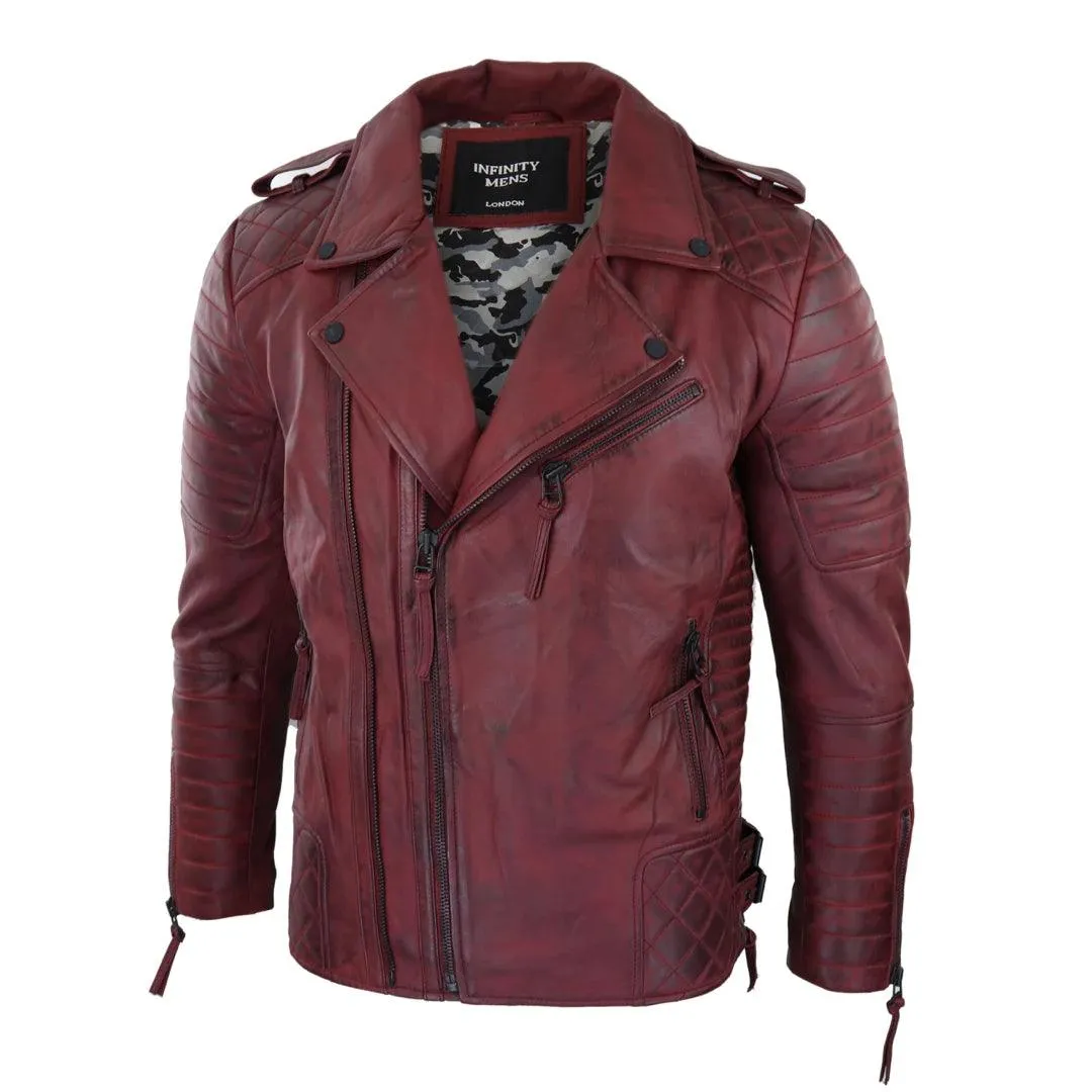 Mens Biker Jacket Cross Zip Black Wine Retro Vintage Tailored Fit Rock Punk