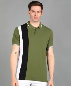 Men's Olive, White, Black Colour-Block Slim Fit Half Sleeve Cotton Polo T-Shirt