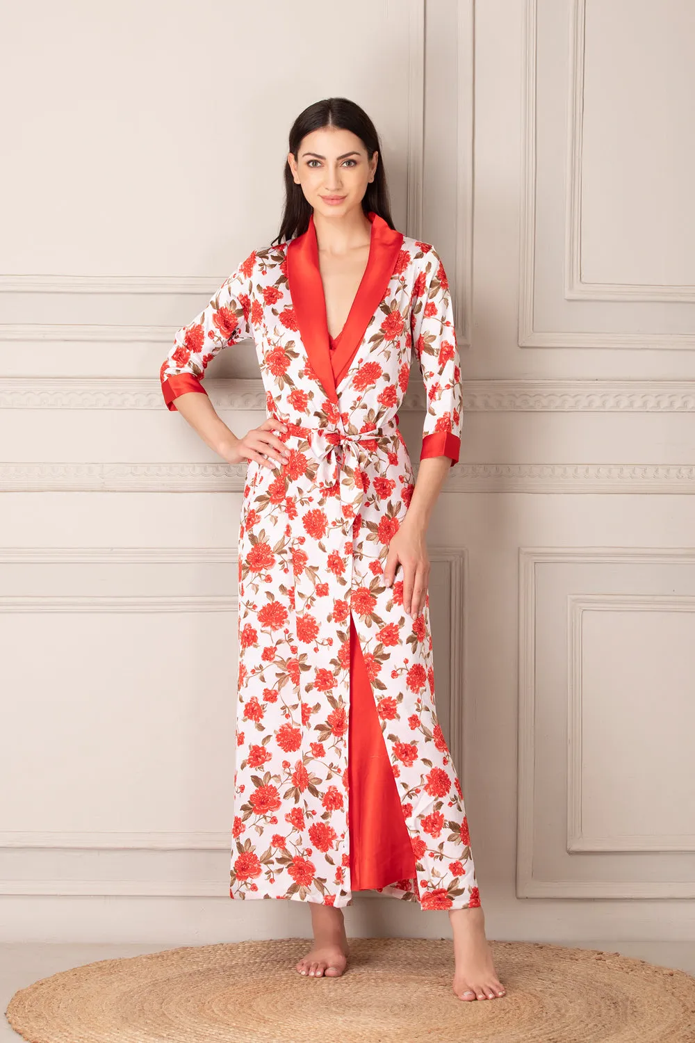 Print Satin Long Nightgown set