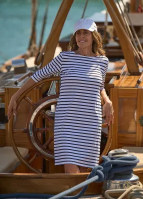 PROPRIANO - Form-Fitting Nautical Stripe Dress | Anti-UV Stretch Fabric (WHITE / NAVY)