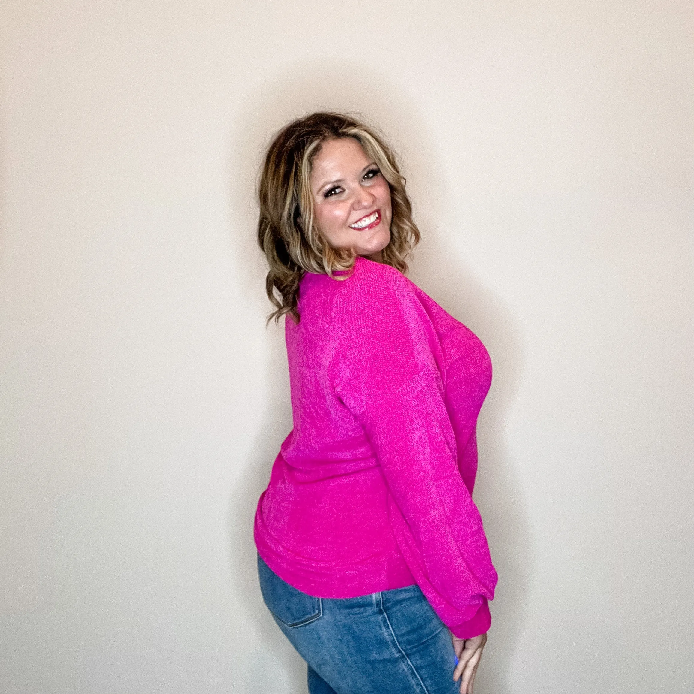 "Fool Me Once" Chenille V Neck Sweater (Fuchsia)