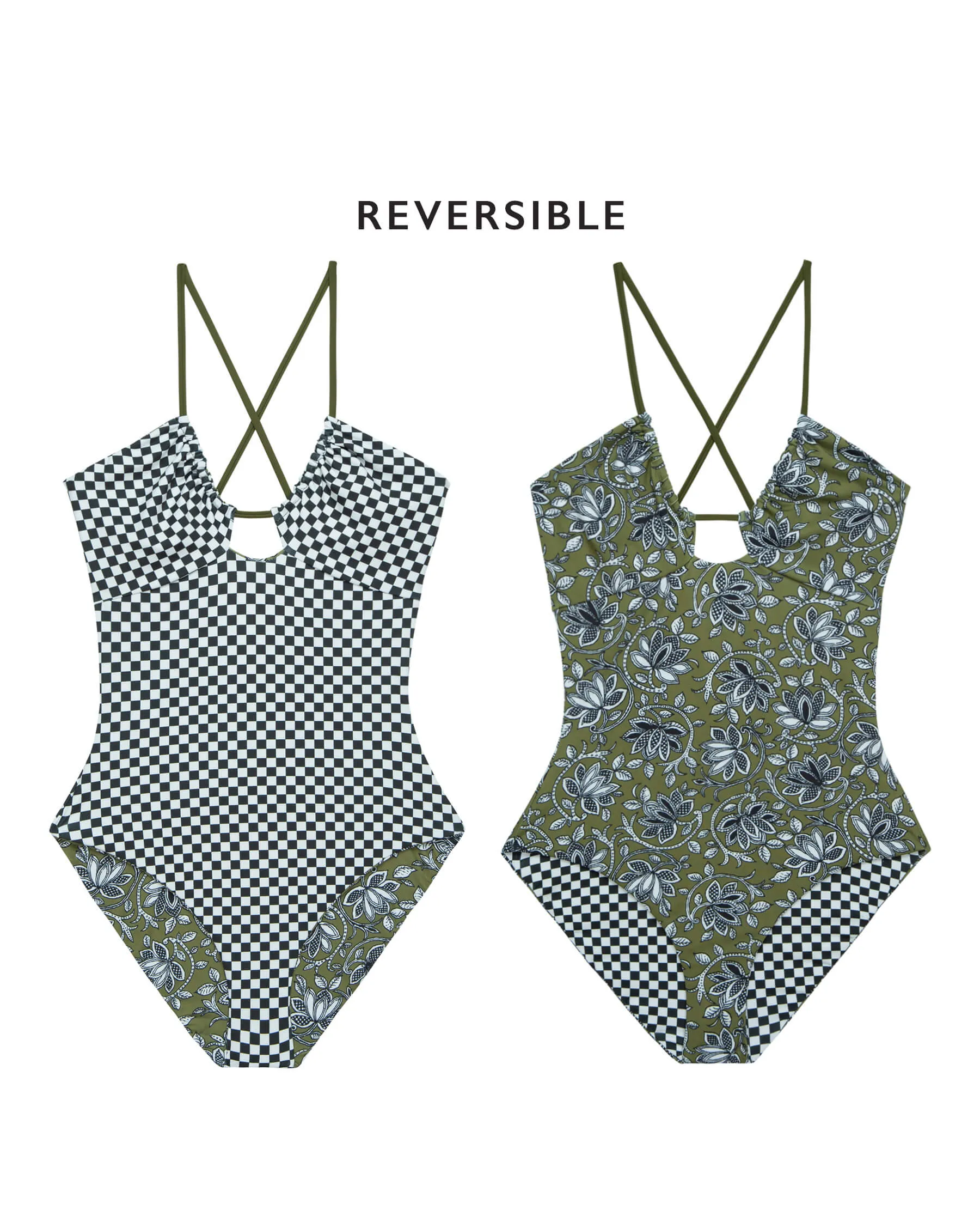 The Reversible Keyhole One Piece. -- Army Oasis Floral and Black Check